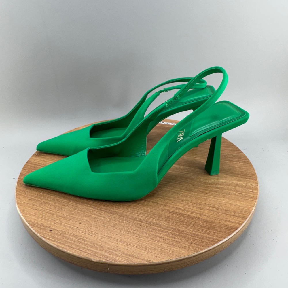 Zara Green Slingback Pointed Toe Heels Size 37 Vibrant Chic Modern Pumps - Picture 3 of 9